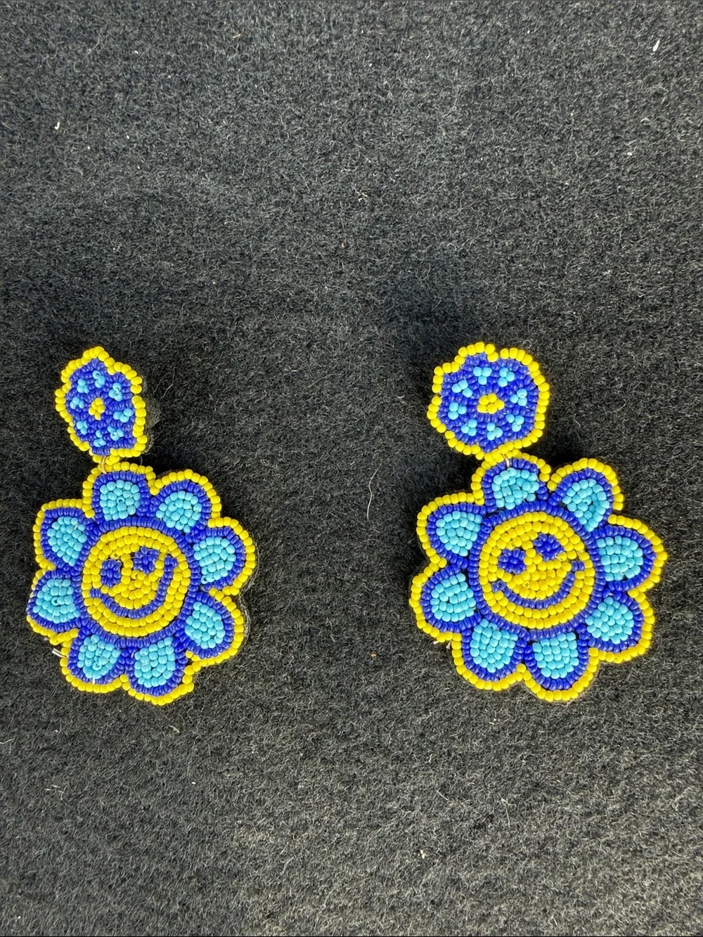 Handmade Blue & Yellow Beaded Flower Earrings - Smiley Design